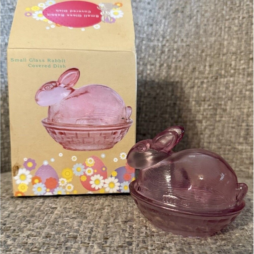Pink Glass Bunny Rabbit On Nest Covered Dish Small Mini Cracker Barrel